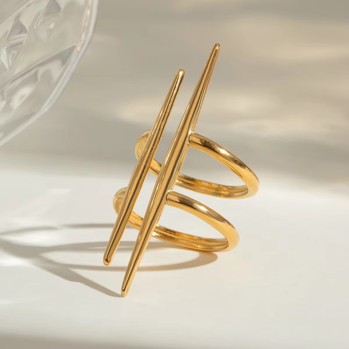 18K Gold Plated Parallel Double Layer Line Hollow Vinatage Open Ring 